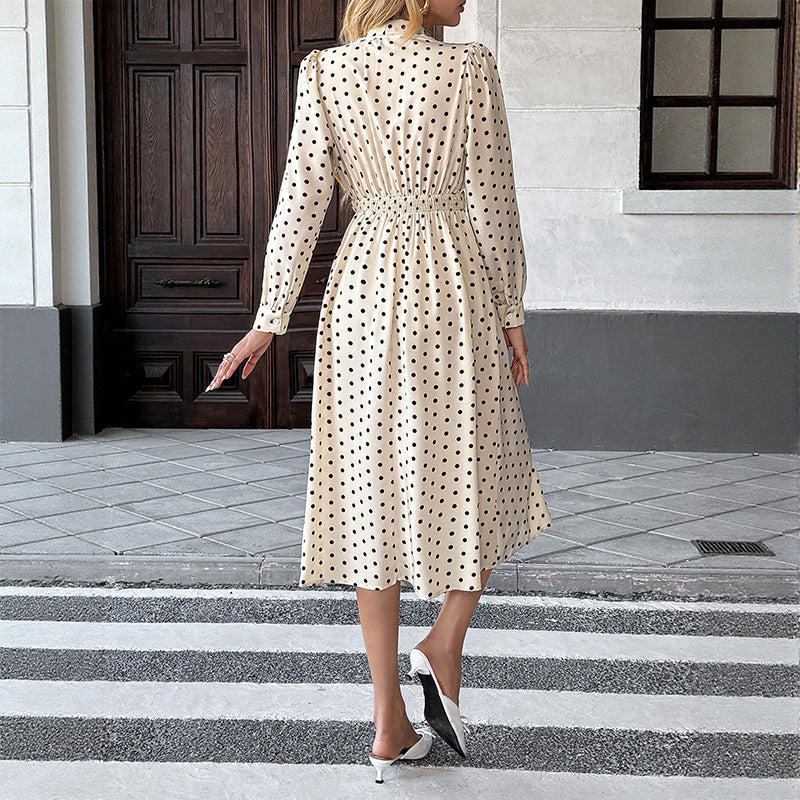 Women Elegant Midi Dress with Bow and Dots Mune Fashion