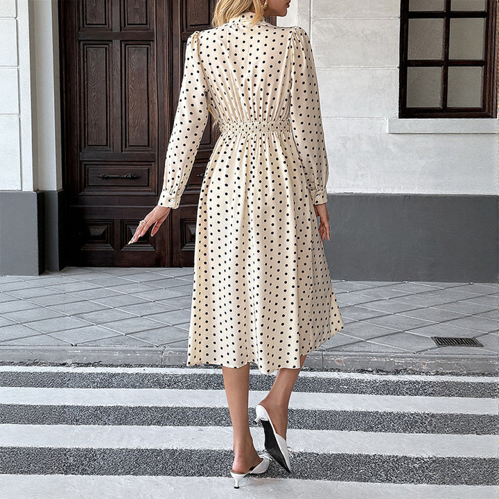 Women Elegant Midi Dress with Bow and Dots Mune Fashion