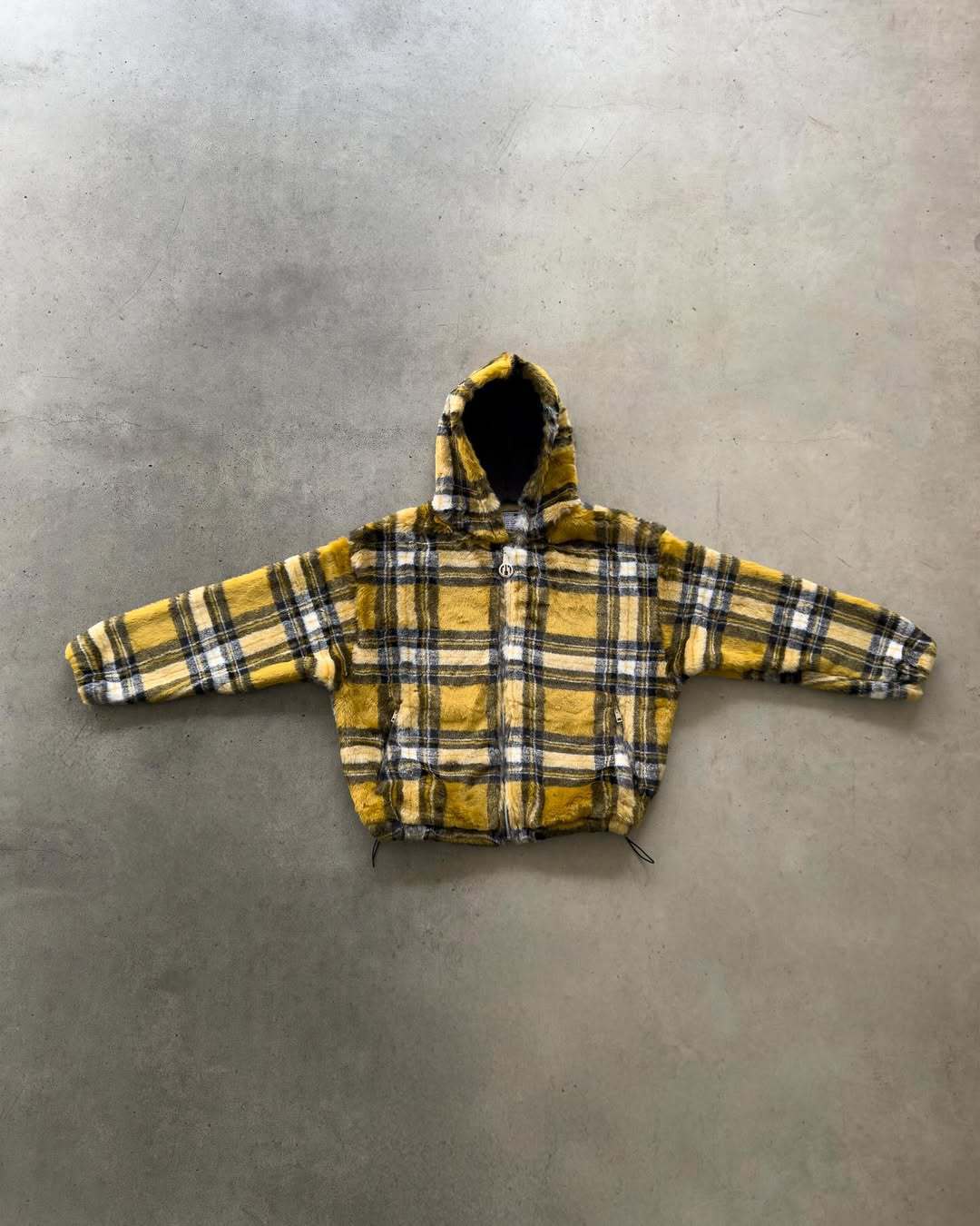 Unisex non-padded plaid fleece bomber jacket with hood drawstring and zippered pockets Mune Fashion