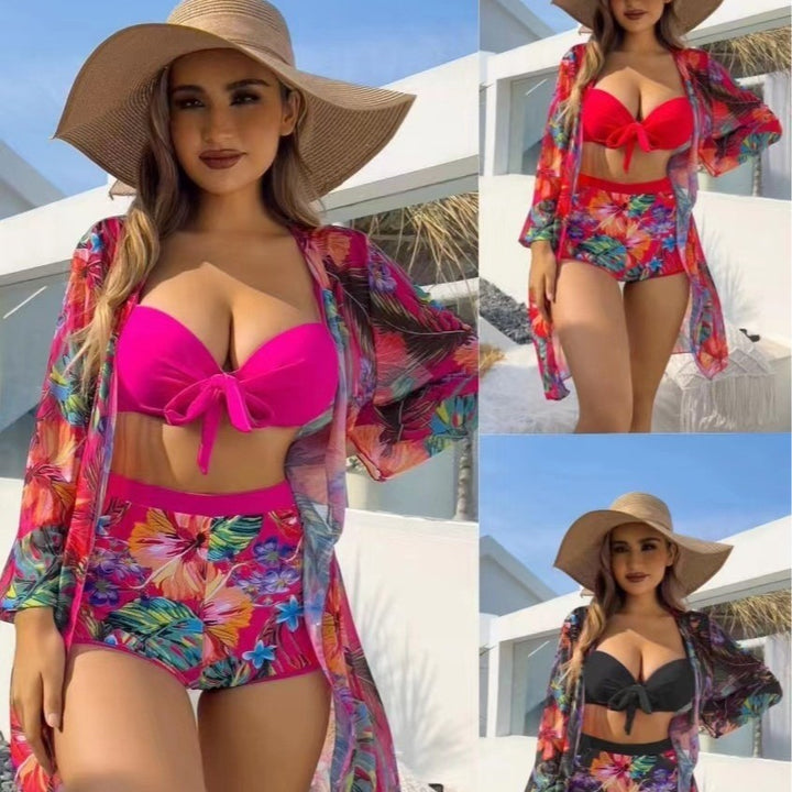 Women High-Waisted Bikini Set with Floral Design and Ties Mune Fashion