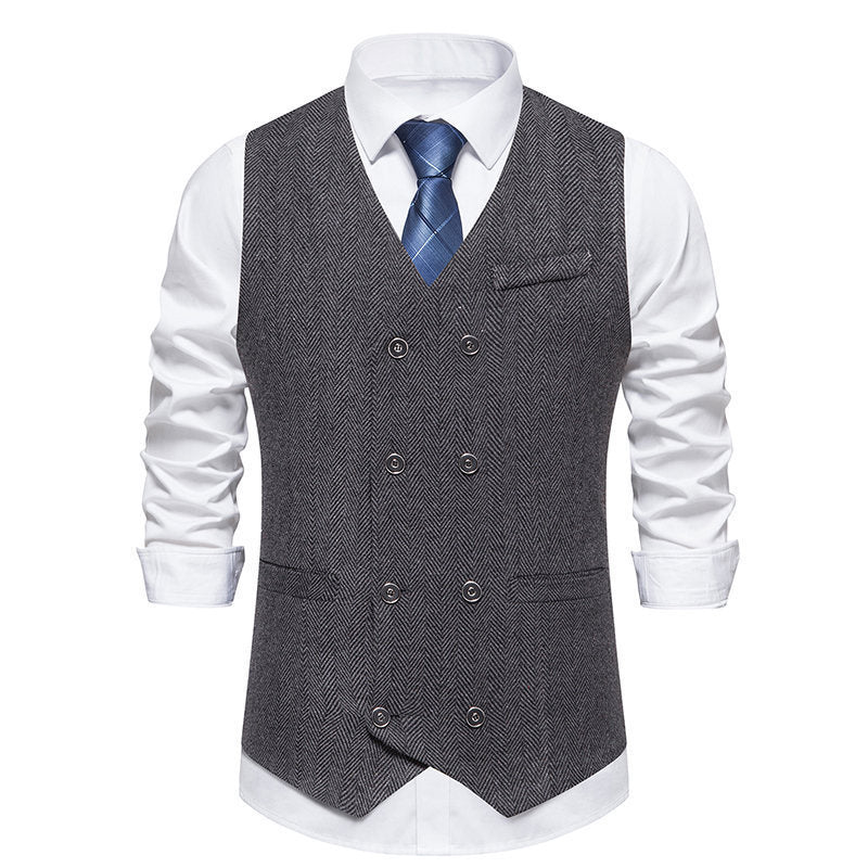 Men's Double-Breasted Herringbone Vest with Suit Look and V-Neck Mune Fashion