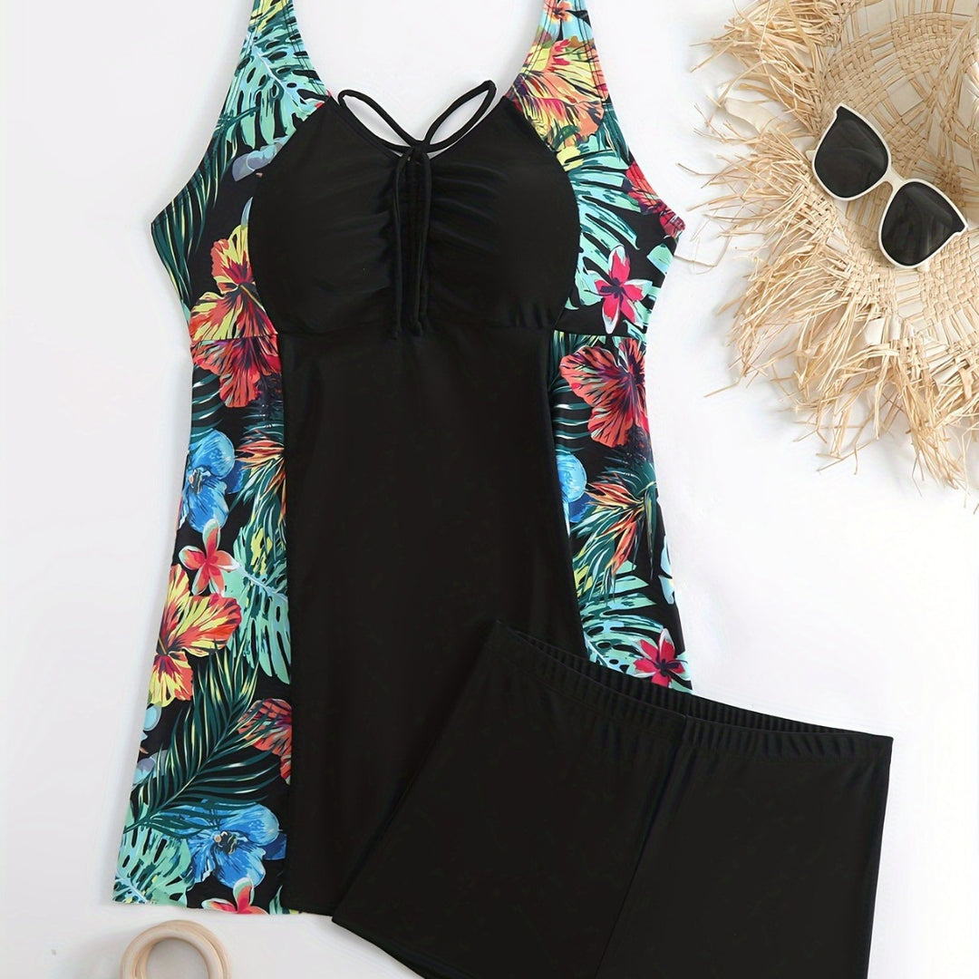 Women's Sporty Swimsuit Set with Floral Side Insert Mune Fashion