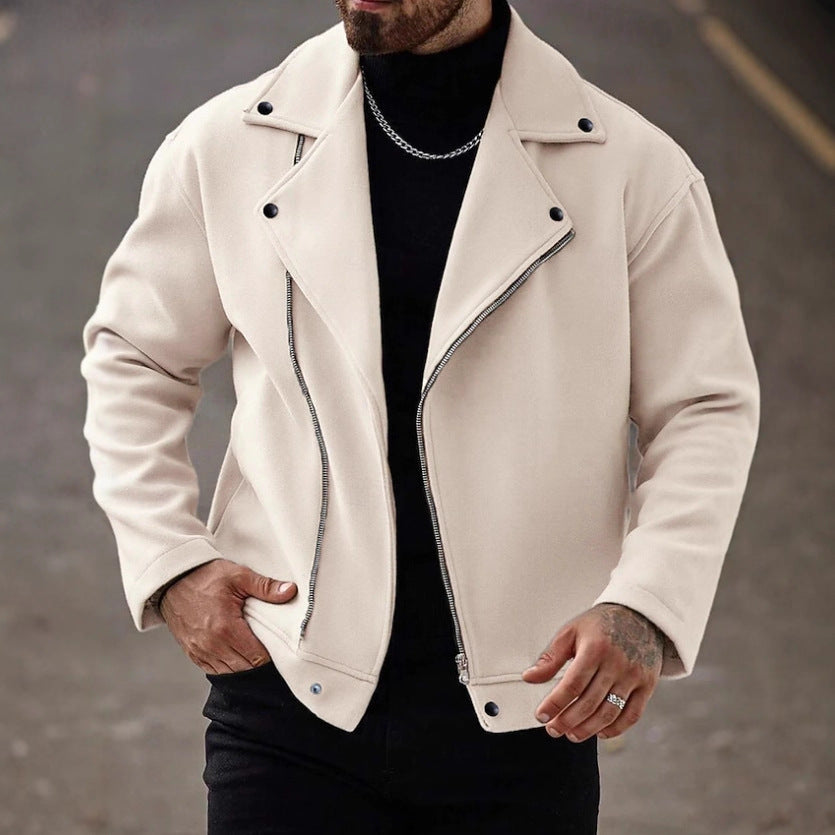Men's Oversized Biker Jacket made of Wool Blend with Asymmetrical Zipper and Snap Button Details Drune