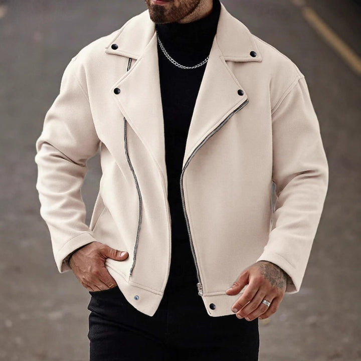 Men's Oversized Biker Jacket made of Wool Blend with Asymmetrical Zipper and Snap Button Details Drune
