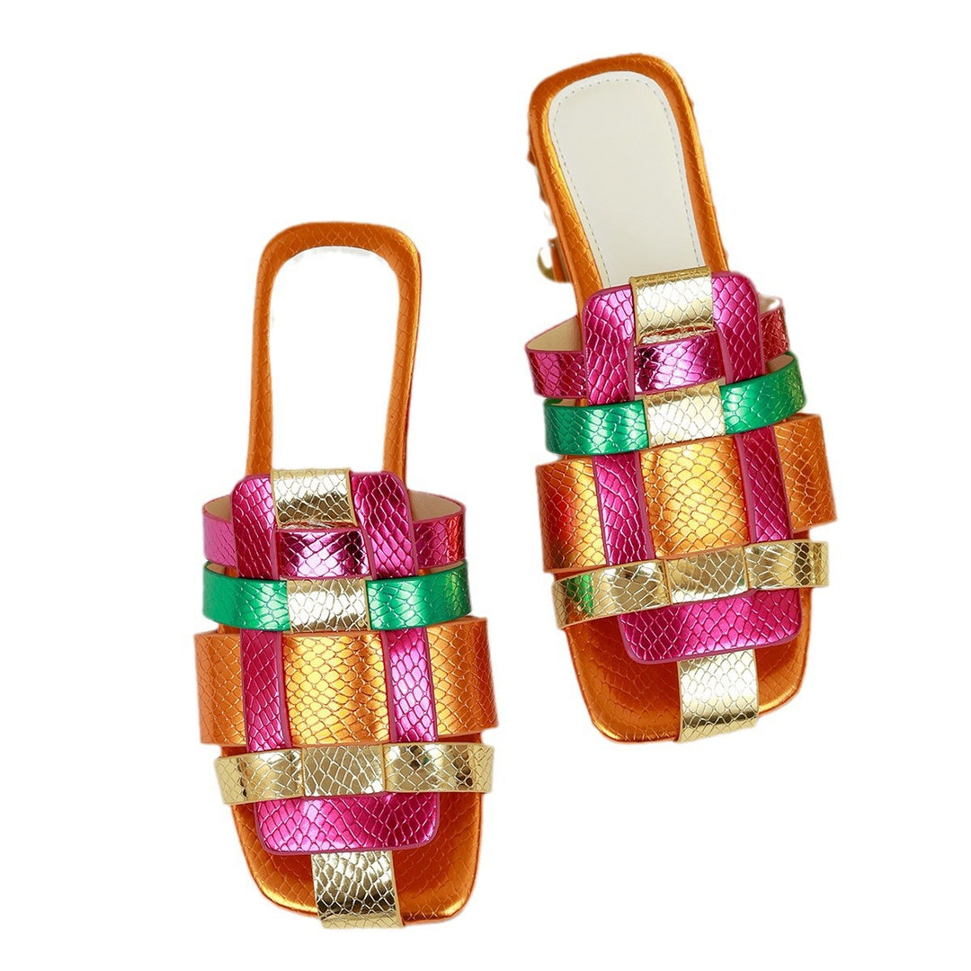 Ladies nan modern Belt Slipper with woven multilayer design and snake embossing Mune Fashion