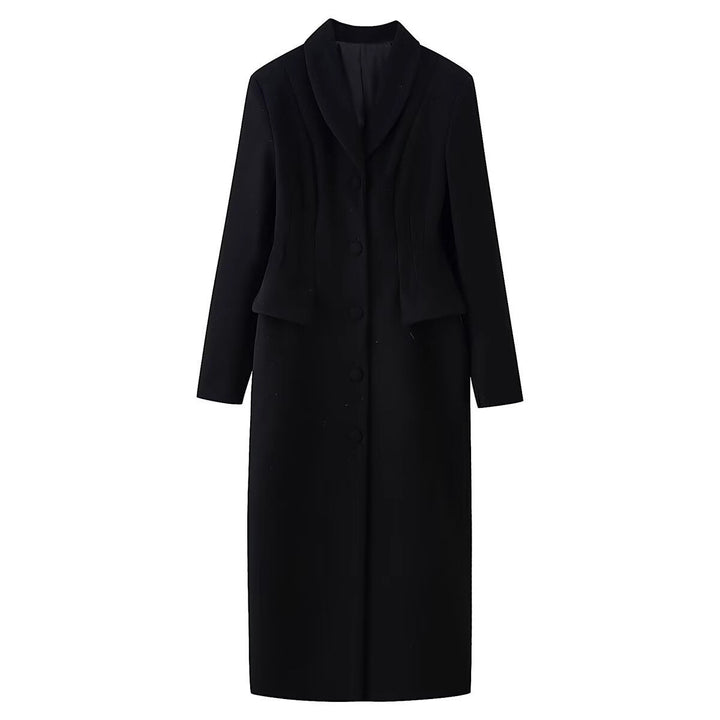 Women's tailored long coat with shawl collar and peplum waist Mune Fashion