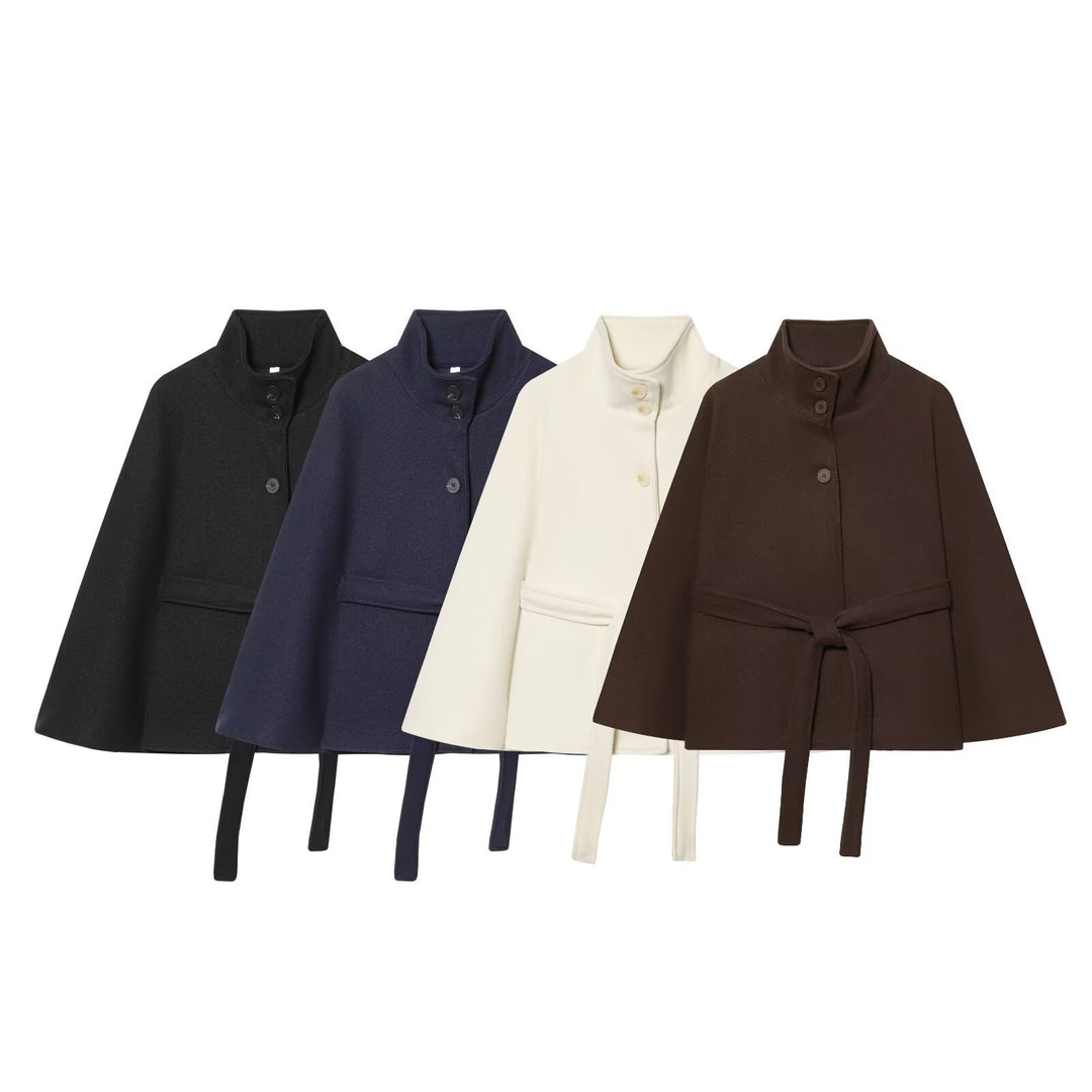 Women Short Cape Coat with Stand Collar, Button Placket and Tie Belt Mune Fashion