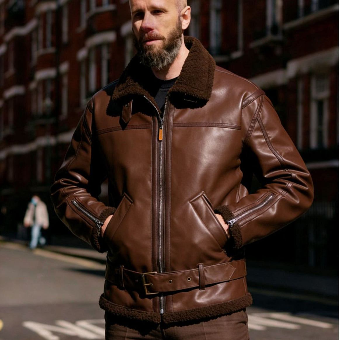Men's Faux Leather Flight Jacket with Teddy Lining, Zippers and Stand Collar Mune Fashion