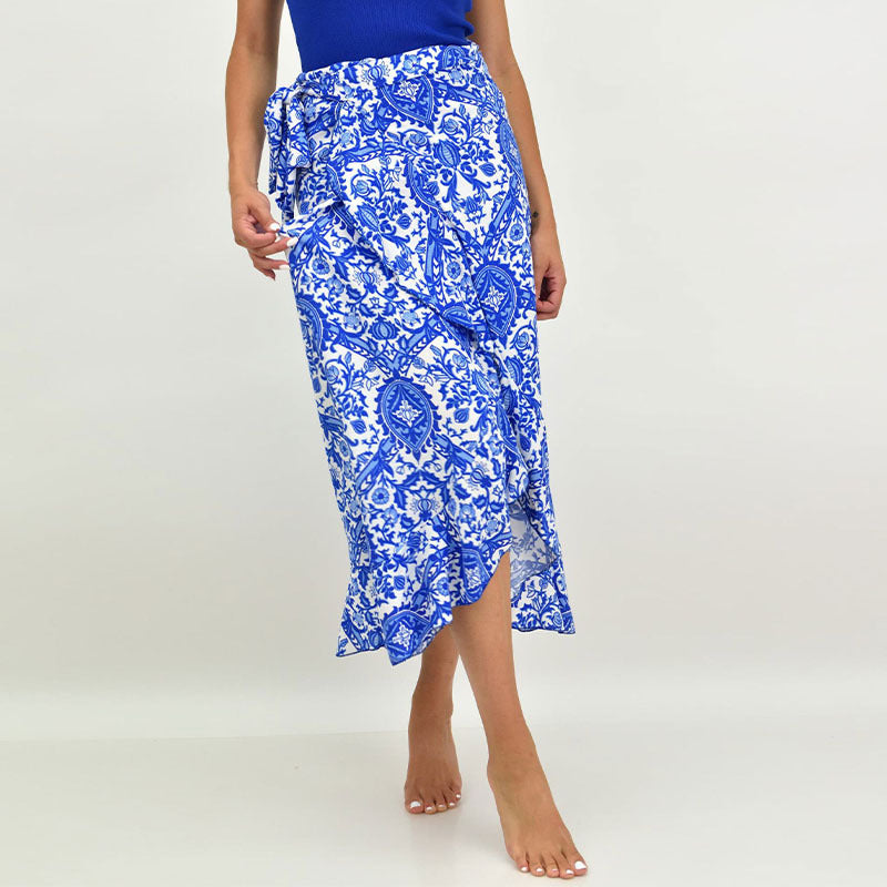 Women's wrap midi skirt with ornamental print, tie belt & ruffled hem Mune Fashion