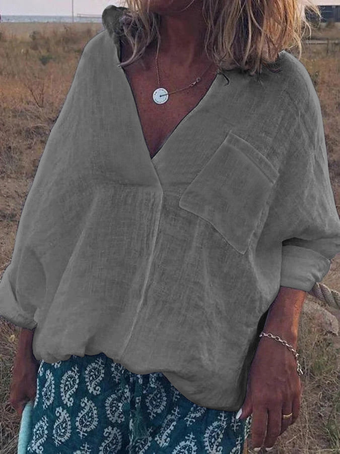 Women Oversized Linen Look Blouse with Deep V-Neck, Patch Chest Pocket and Roll-Up Three-Quarter Sleeves Mune Fashion