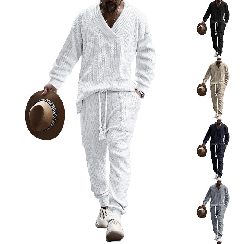 Men's oversized knit loungewear set with deep V-neck, drawstring pants and ribbed cuffs Mune Fashion