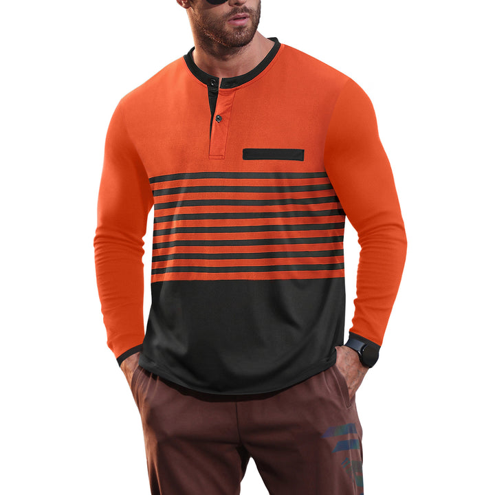 Men's modern long sleeve polo with Henley placket striped chest part and stand-up collar Mune Fashion