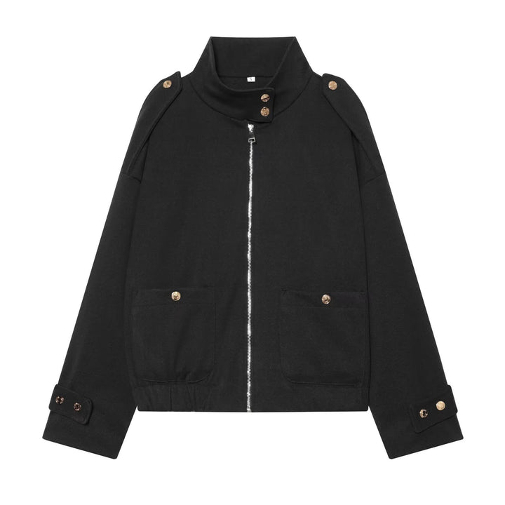 Women Cropped Utility Jacket with high collar, shoulder epaulettes and flap pockets