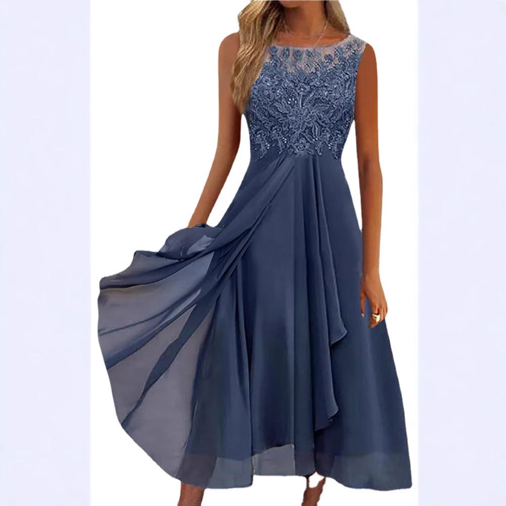 Women's sleeveless chiffon midi dress with embroidered illusion lace, boat neckline, and multilayer flared skirt Mune Fashion