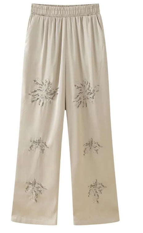 Women's embroidered silk-look blouse with sparkling crystal embellishments and shirt collar Mune Fashion