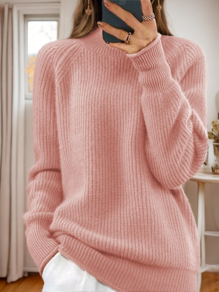 Women's cozy knitted sweater with stand-up collar and ribbed structure Mune Fashion