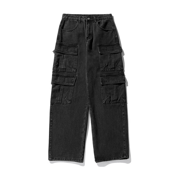Unisex wide cargo jeans pants with high waist, multiple flap pockets and straight leg Mune Fashion