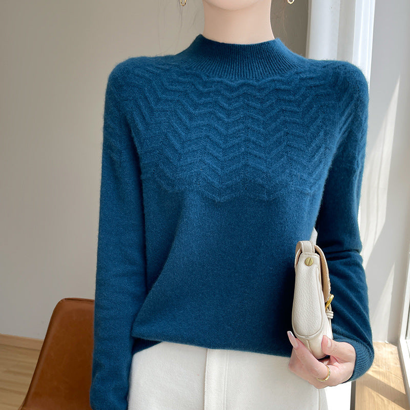 Women's Soft Fine Knit Mock Neck Sweater with Chevron Ajour and Cashmere Look Mune Fashion