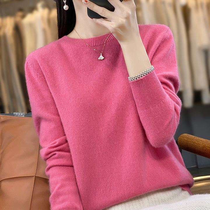 Ladies luxurious fine knit round neck sweater with soft fluffy finish and narrow cuff shape Mune Fashion
