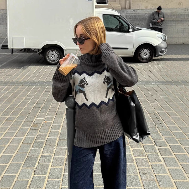 Women's Oversize Turtleneck Sweater with Norwegian Intarsia and Ribbed Cuffs Mune Fashion