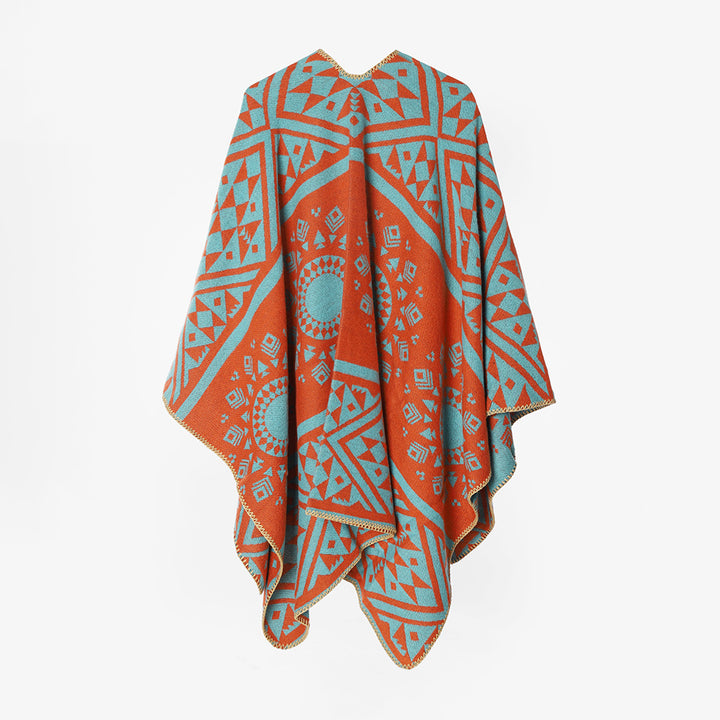 Women's Woven Oversized Cape Poncho with Aztec Jacquard Pattern and Decorative Overlock Edge Mune Fashion