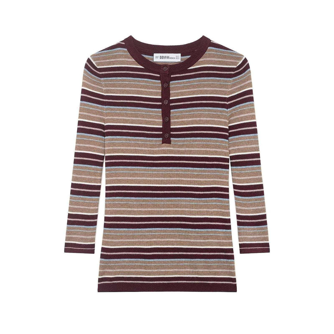 Women's ribbed long sleeve with Henley button placket and fine stripe pattern Mune Fashion