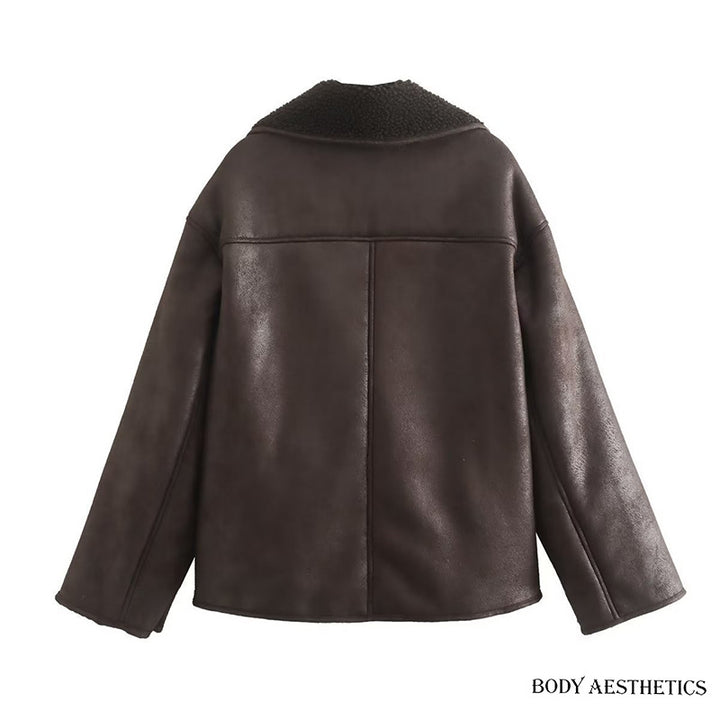 Women Short Jacket in Lambskin Look with Teddy Lining and Button Placket Mune Fashion