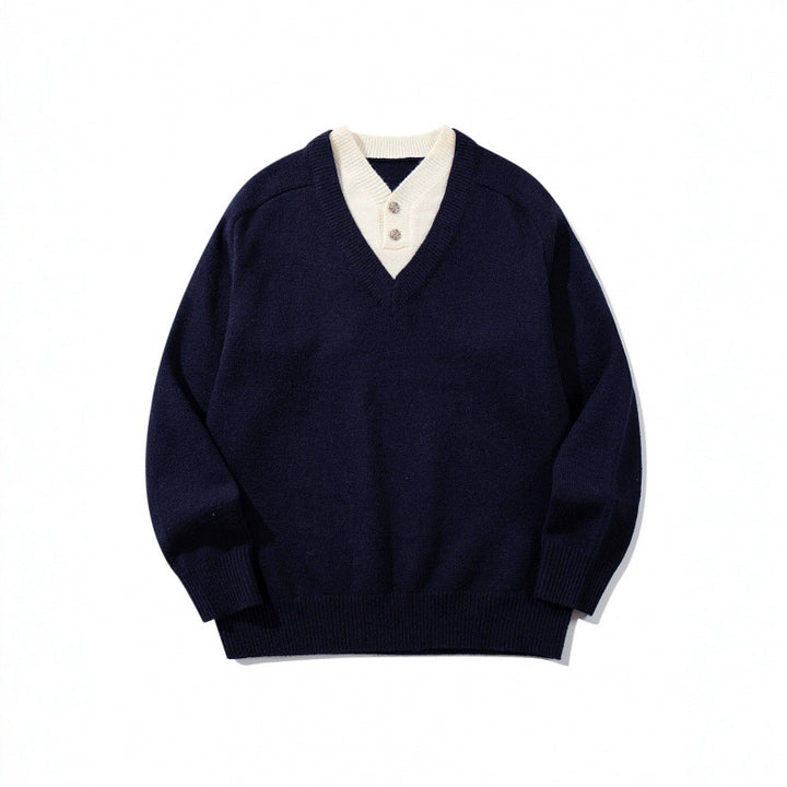 Men's V-neck sweater with integrated Henley collar Mune Fashion