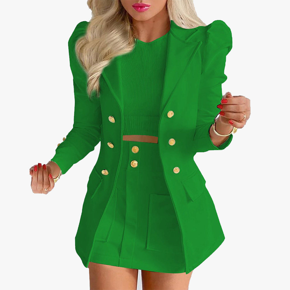 Ladies nan tailored two-piece business suit with double-breasted blazer and figure-hugging mini skirt Mune Fashion