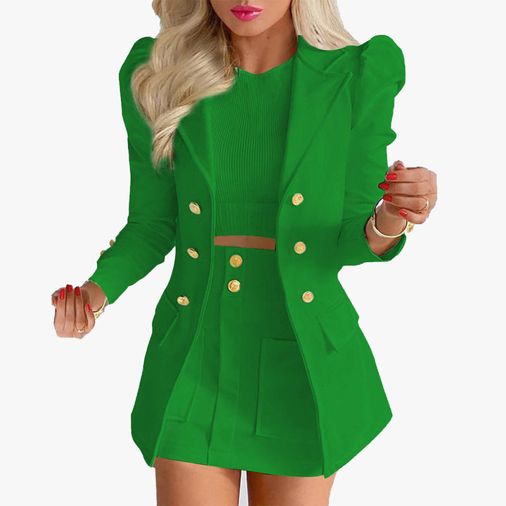 Ladies nan tailored two-piece business suit with double-breasted blazer and figure-hugging mini skirt Mune Fashion