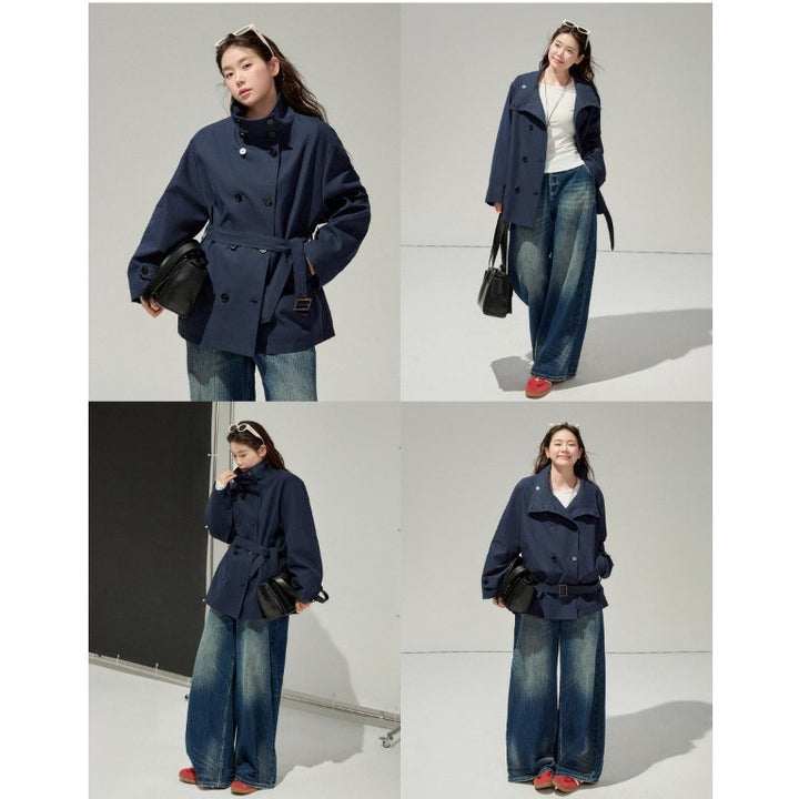 Ladies short trench coat with a flattering belt and double-breasted button placket Mune Fashion