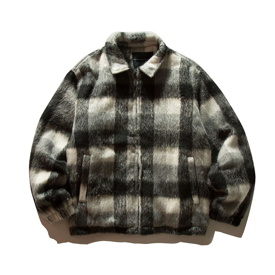 Unisex Short-cut checkered faux fur bomber jacket with stand-up collar and concealed zipper Mune Fashion