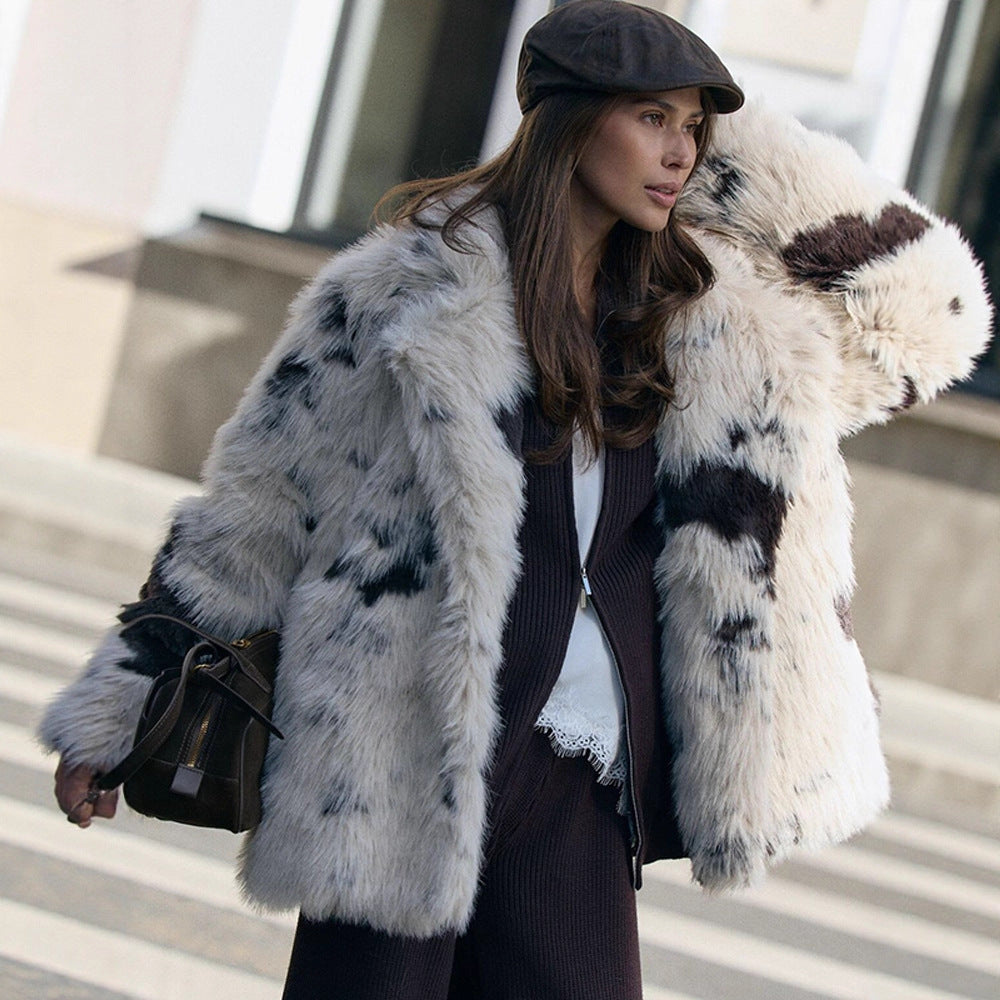Ladies Flecked Faux Fur Coat in Oversized Cut with Voluminous Shawl Collar Mune Fashion