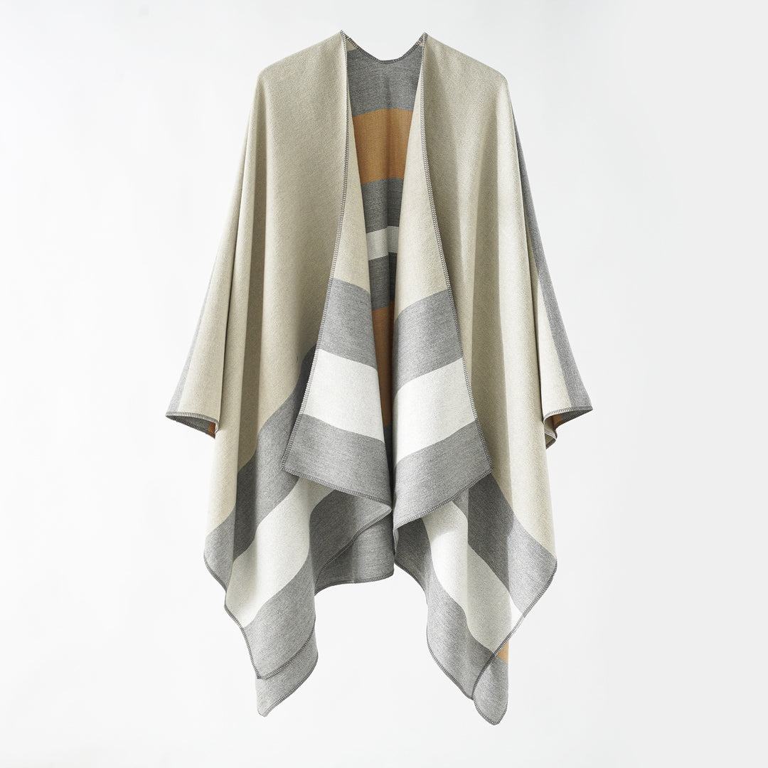 Women’s Oversize Ruana in Cape Style made of Wool Look with Geometric Block Stripes Mune Fashion