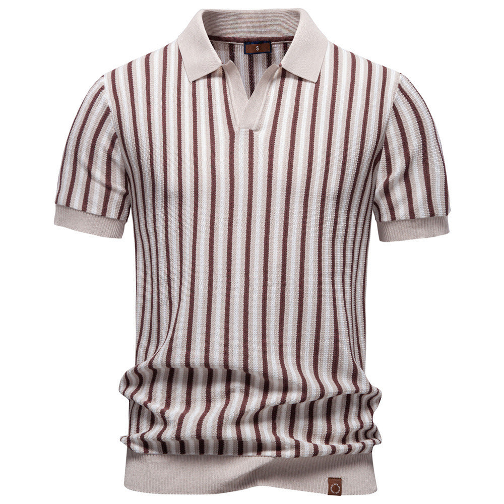 Men's striped knit polo shirt short sleeve made of fine cotton blend with polo collar and ribbed cuffs Mune Fashion