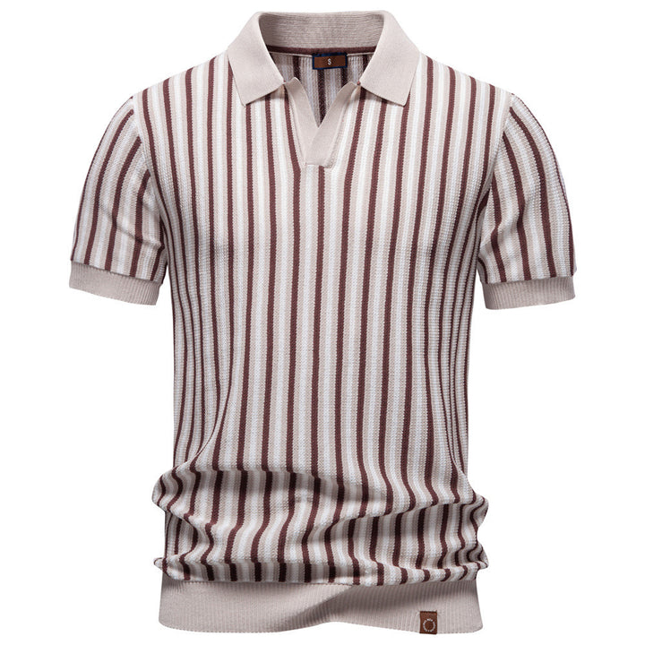 Men's striped knit polo shirt short sleeve made of fine cotton blend with polo collar and ribbed cuffs Mune Fashion