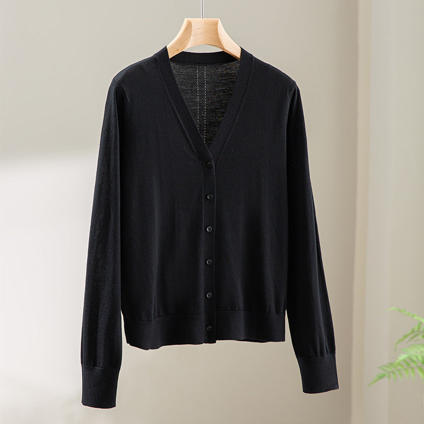 Women’s Minimalist Merino Blend Cardigan with V Neck and Fine Ribbed Detailing Mune Fashion
