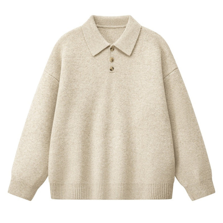 Women's Oversize Polo Collar Knit Sweater with Button Placket and Ribbed Hem Mune Fashion
