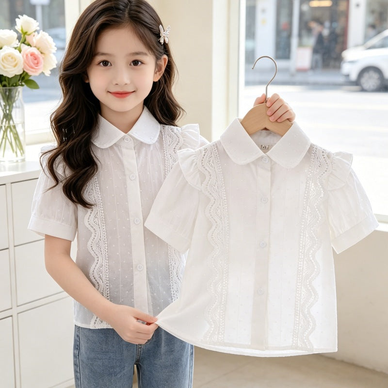 Girl Ruffled Blouse with Lace Accents Mune Fashion
