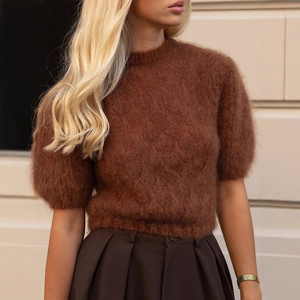 Women's Soft Short-Cut Mohair Blend Sweater with Short Sleeves and Stand-Up Collar Mune Fashion