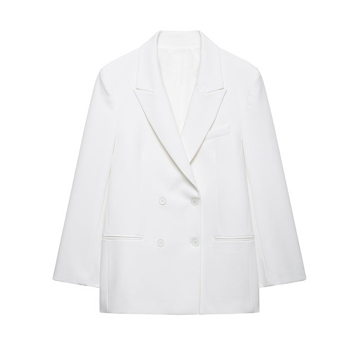 Women Double-Breasted Longline Blazer with Oversized Cut and Piped Pockets Mune Fashion