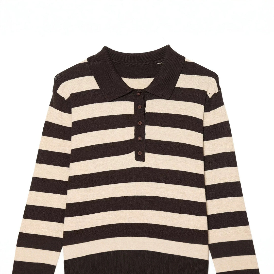 Women Striped Fine Knit Polo with Button Placket and Shirt Collar Mune Fashion