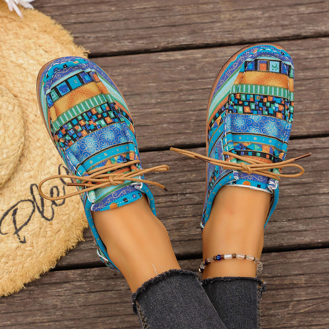 Women's colorful patterned canvas lace-up shoes with lightweight platform sole Mune Fashion
