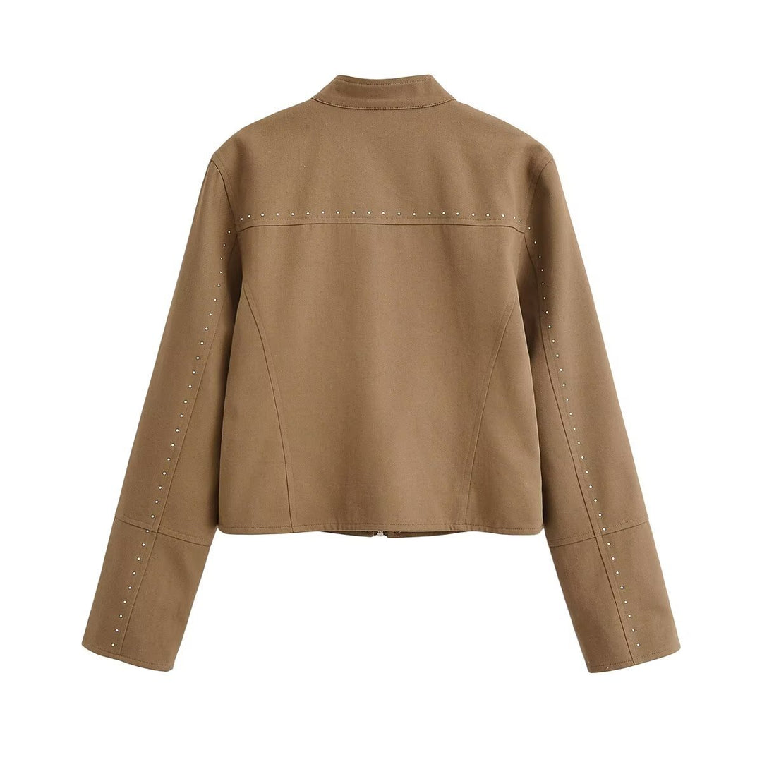Ladies short blouson in velour look with stand-up collar, zipper and decorative studs Mune Fashion
