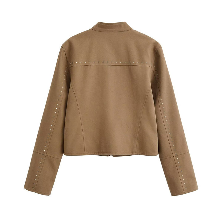 Ladies short blouson in velour look with stand-up collar, zipper and decorative studs Mune Fashion