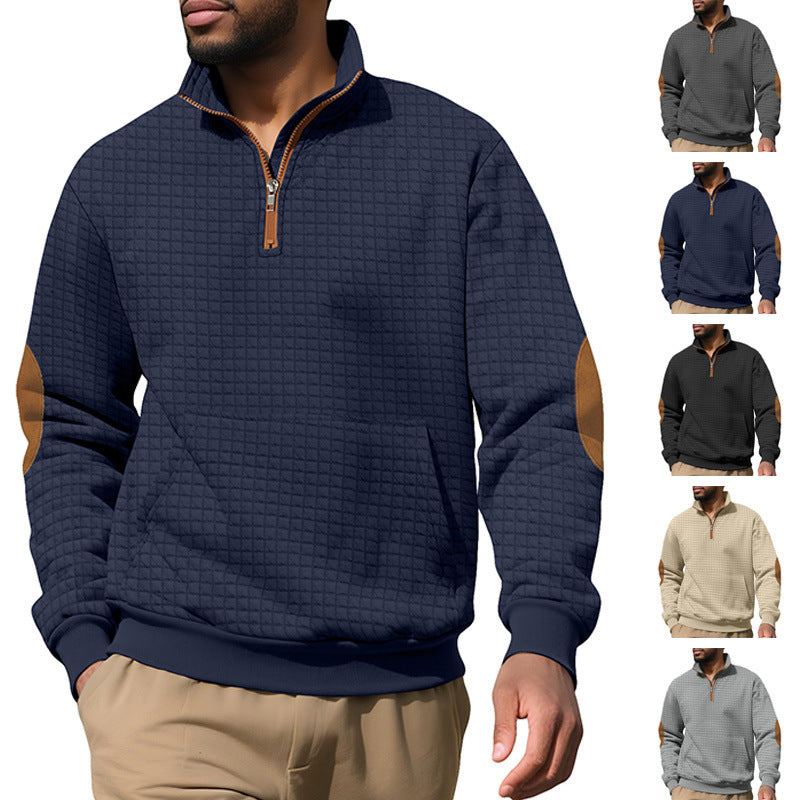 Men's waffle texture half-zip with stand-up collar, kangaroo pocket, and suede look elbow patches Mune Fashion