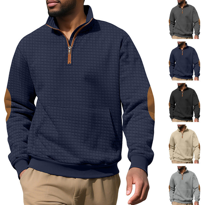Men's waffle texture half-zip with stand-up collar, kangaroo pocket, and suede look elbow patches Mune Fashion