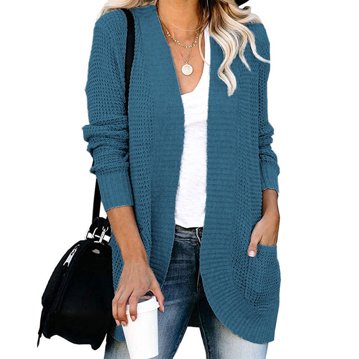 Women Long Open Knit Cardigan with Pockets, Ribbed Cuffs and Structured Waffle Look Mune Fashion
