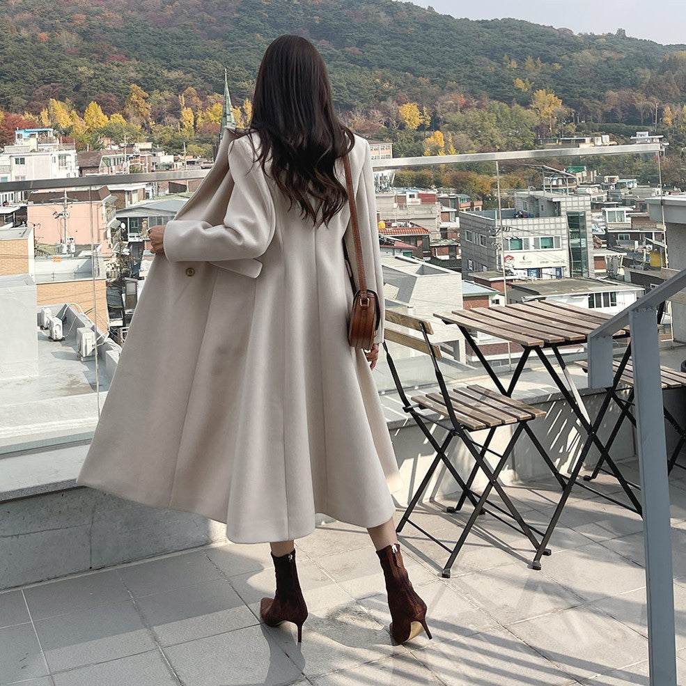 Women's Mid-length tailored A-line wool blend coat with flared skirt and golden decorative buttons Mune Fashion