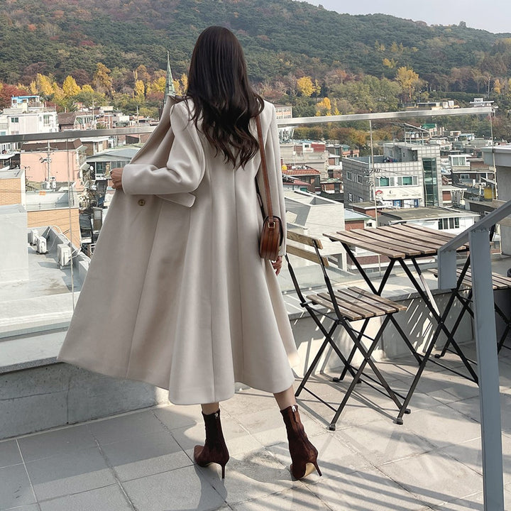 Women's Mid-length tailored A-line wool blend coat with flared skirt and golden decorative buttons Mune Fashion